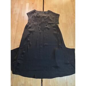 Hong Kong Black Satin Asymmetrical Sleeve Balloon Pocket Knee Length Dress